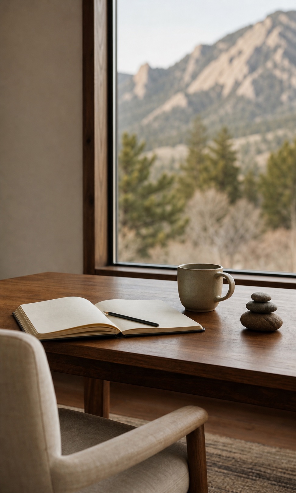 A quiet planning table overlooking the Boulder foothills