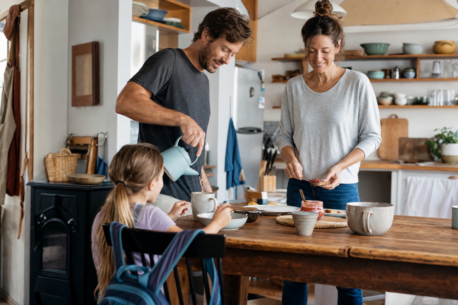A family sharing a relaxed morning at home
