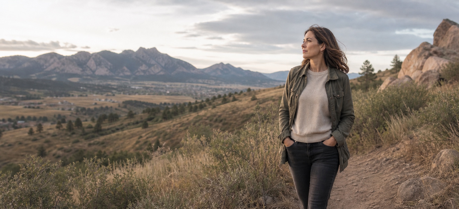 A professional woman looking across Boulder’s Front Range