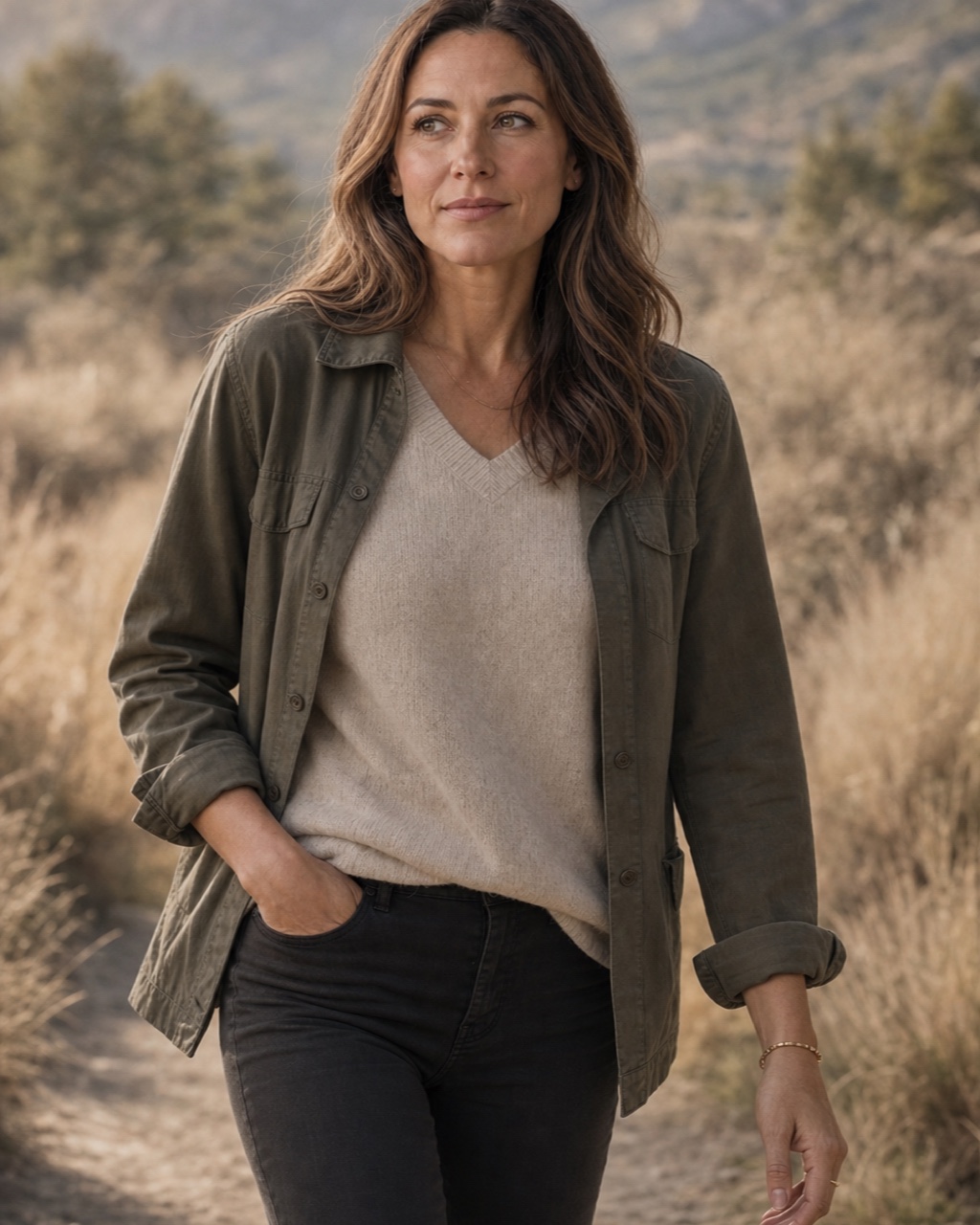 Nora Blake walking a trail at the edge of Boulder