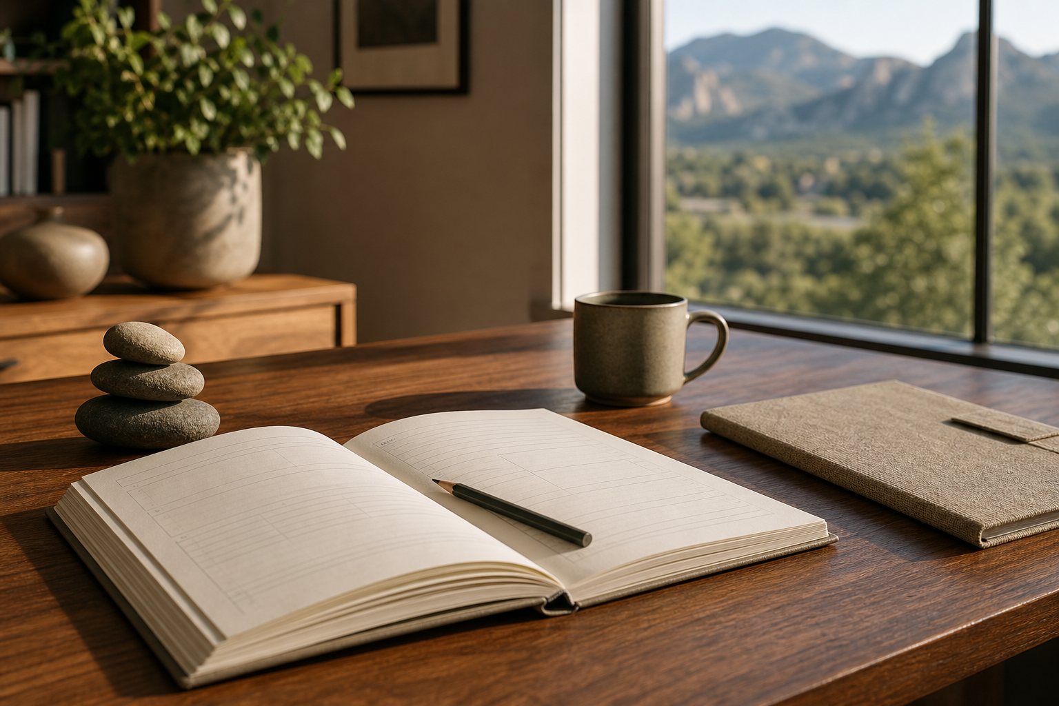 An open financial planning workbook beside a small stone cairn