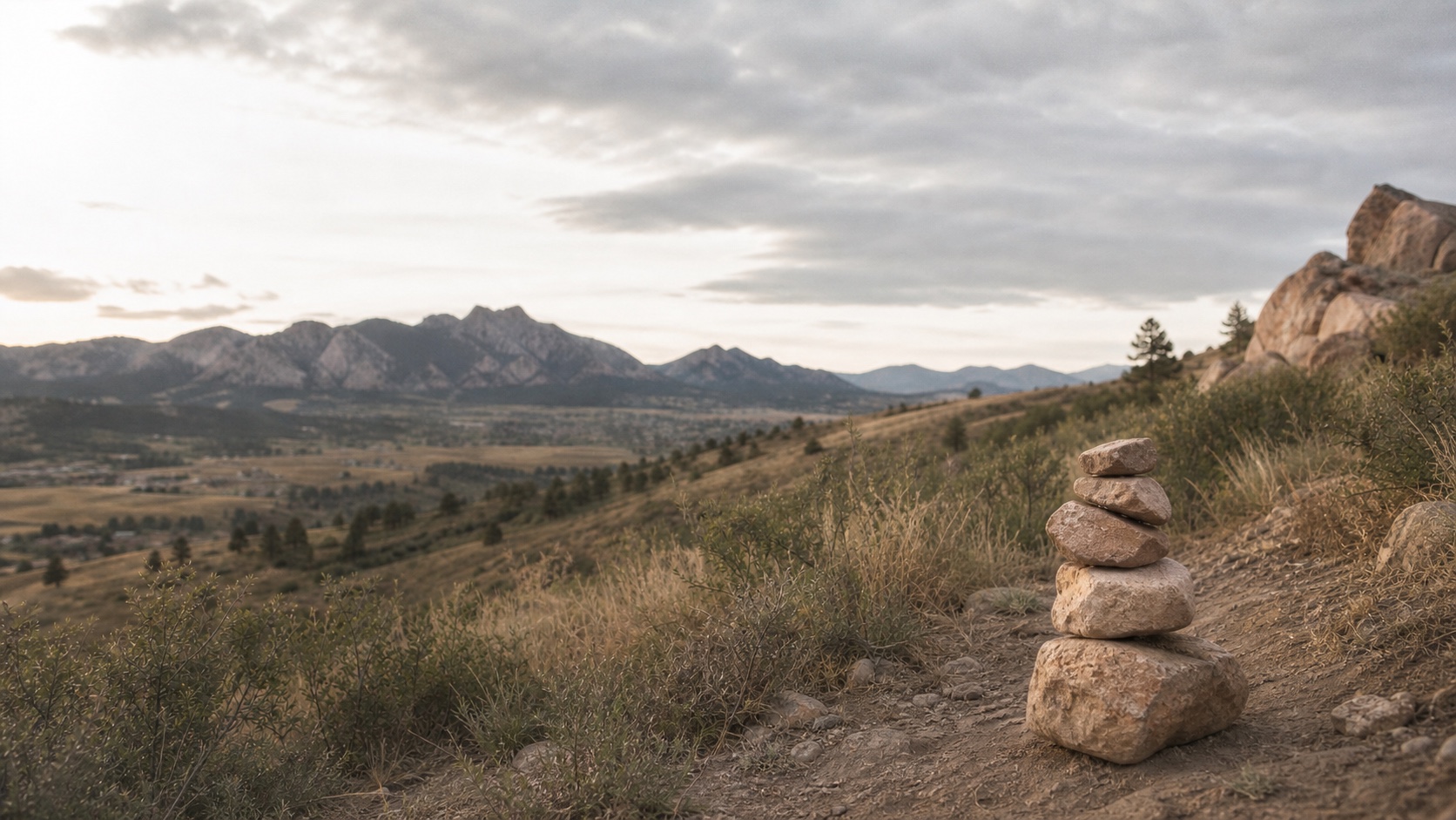 A stone trail marker overlooking Boulder