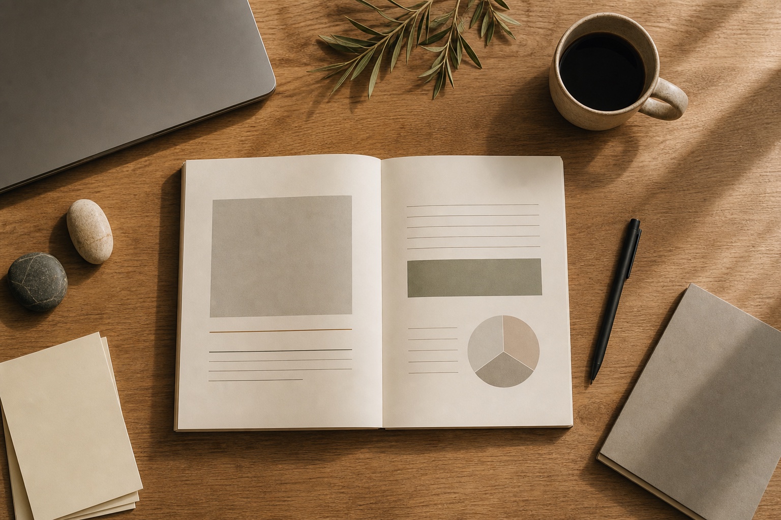 An open planning workbook on a warm wood desk